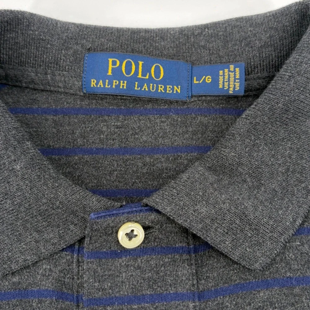 Polo Ralph Lauren Mens L‎ Rugby Long Sleeve Striped Polo Shirt Grey Blue Cotton